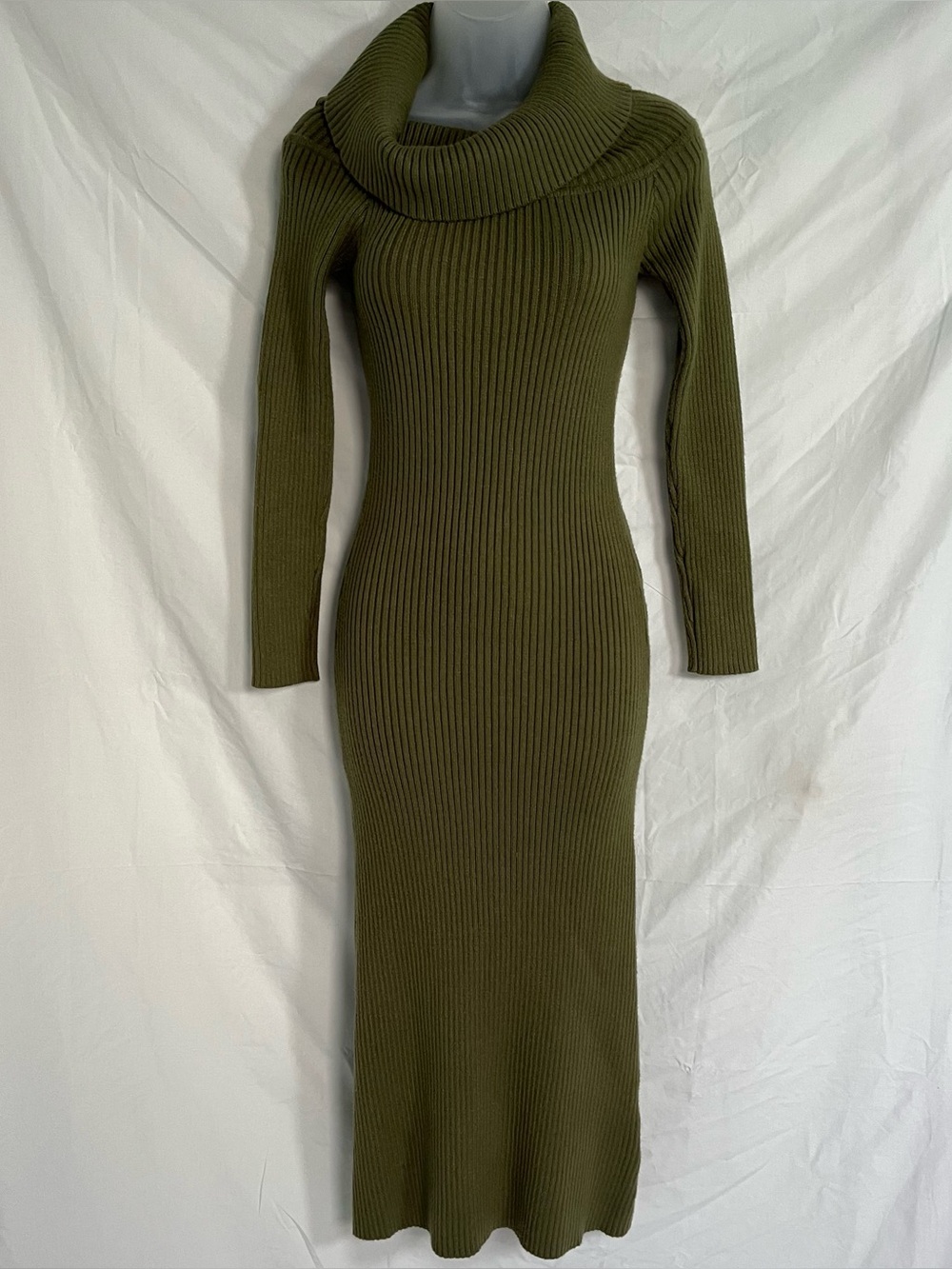 NWT BLANKNYC Olive Green Rib Knit Cowl Sweater Autumn Wedding Guest Maxi Dress L
